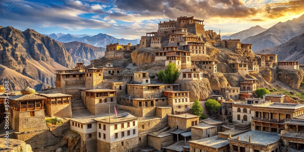 Ancient cityscape in the mountains with stone buildings and intricate carvings, ancient, cityscape, mountains, stone, buildings, carvings, narrow streets, winding streets Ancient cityscape in the mountains with stone buildings and intricate carvings, ancient, cityscape, mountains, stone, buildings, carvings, narrow streets, winding streets