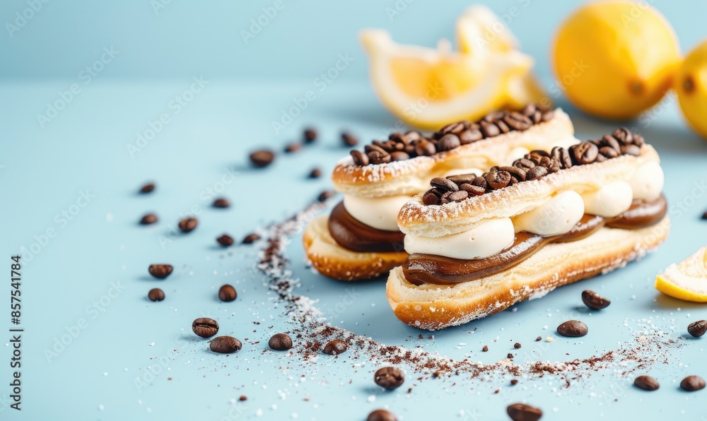 Lemon and coffee eclairs with coffee cream on a light blue background Lemon and coffee eclairs with coffee cream on a light blue background