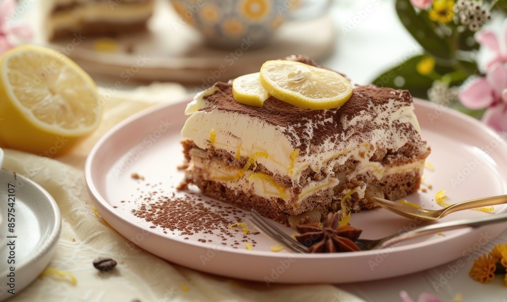 Lemon and coffee tiramisu with lemon zest on a pastel pink plate Lemon and coffee tiramisu with lemon zest on a pastel pink plate