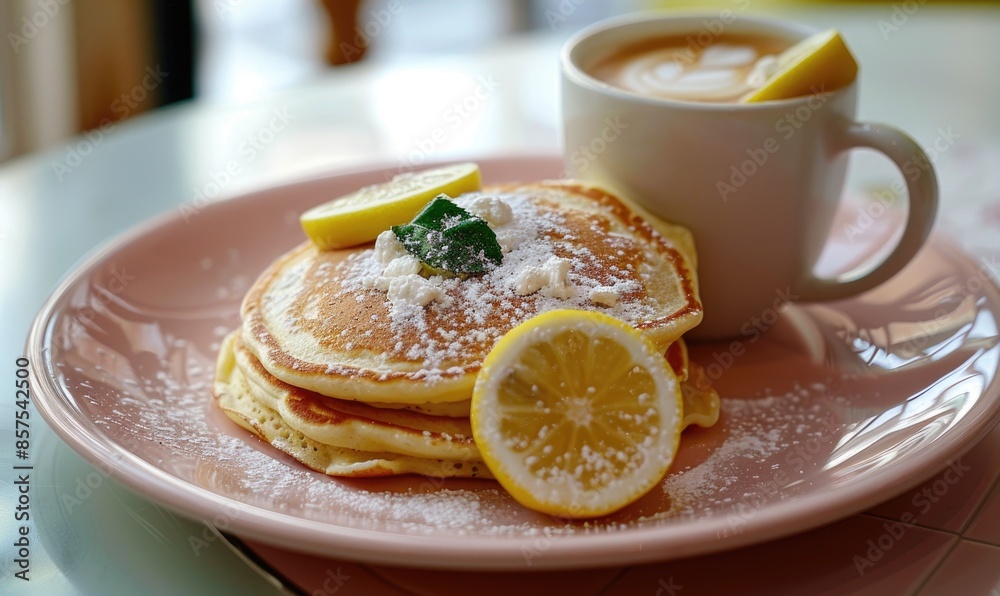 Lemon and ricotta pancakes with a cappuccino on a pastel pink plate Lemon and ricotta pancakes with a cappuccino on a pastel pink plate