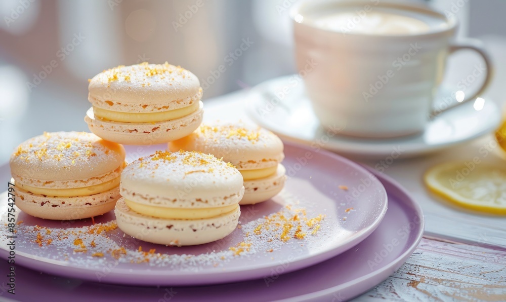 Lemon macarons with a cappuccino on a pastel purple plate Lemon macarons with a cappuccino on a pastel purple plate