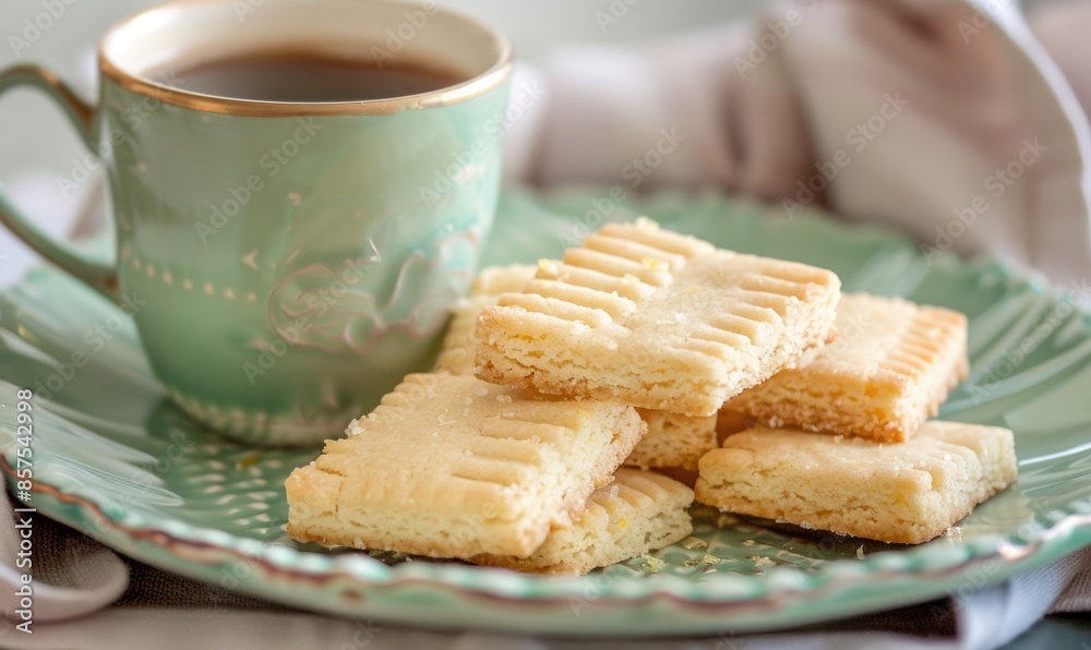 Lemon shortbread cookies with a cup of coffee on a pastel green plate Lemon shortbread cookies with a cup of coffee on a pastel green plate