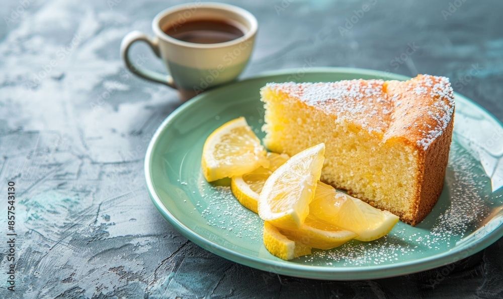 Lemon yogurt cake with a cup of coffee on a pastel green plate