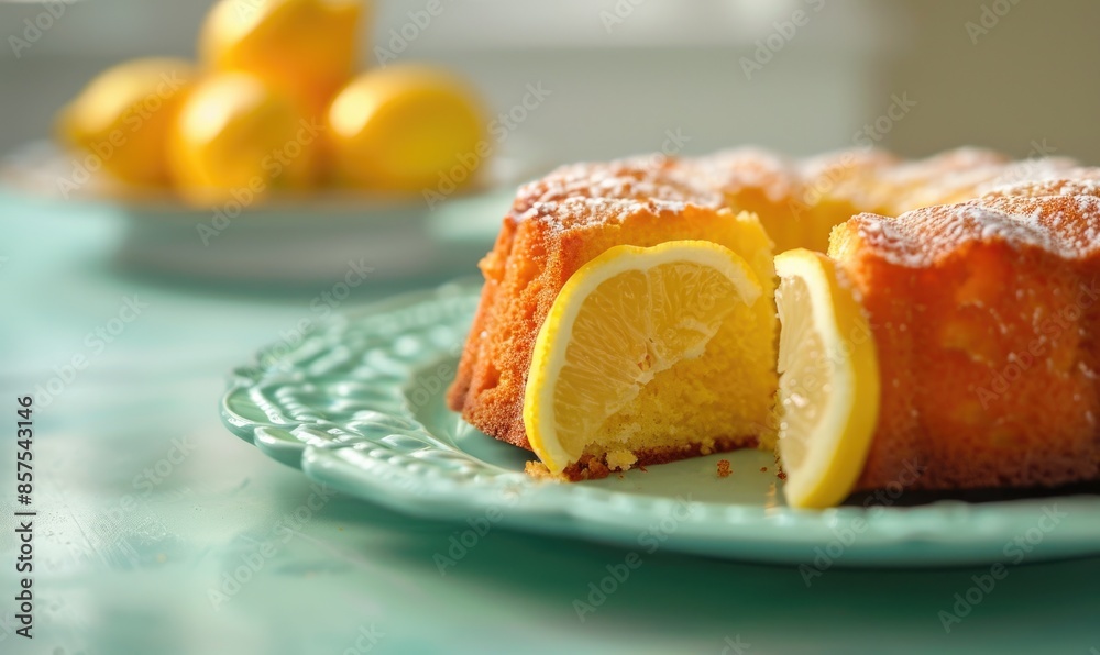 Lemon yogurt cake with lemon slices on a pastel green plate Lemon yogurt cake with lemon slices on a pastel green plate