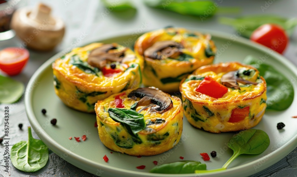 Mini vegetable frittatas with spinach and mushrooms on a pastel green plate Mini vegetable frittatas with spinach and mushrooms on a pastel green plate