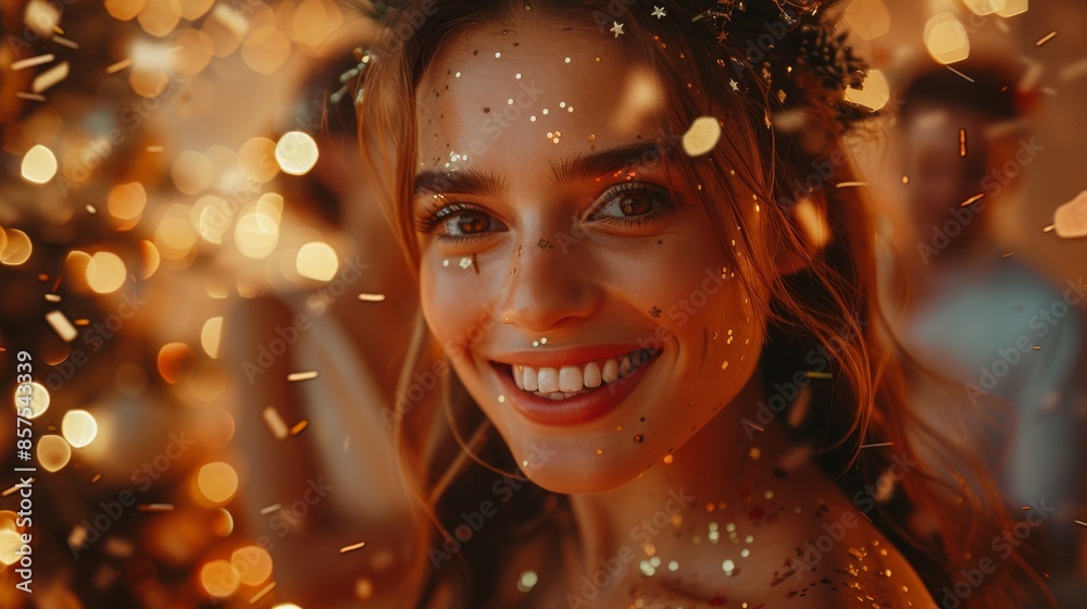 A smiling woman adorned with glitter is captured amidst a festive, bokeh-filled background, celebrating with sparkling confetti, symbolizing joy and festivity during a joyful event. A smiling woman adorned with glitter is captured amidst a festive, bokeh-filled background, celebrating with sparkling confetti, symbolizing joy and festivity during a joyful event.