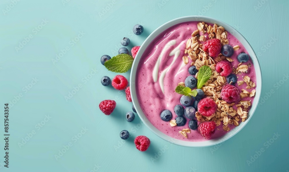 Mixed berry smoothie bowl with granola on a light blue background Mixed berry smoothie bowl with granola on a light blue background