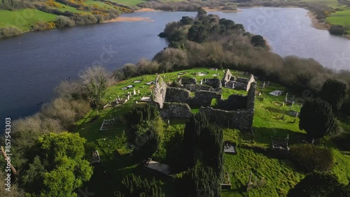 Drone shot of the ruins of the ancient Loughinisland Churches, established in the 7th Century, Loughinisland, County Down, Northern Ireland