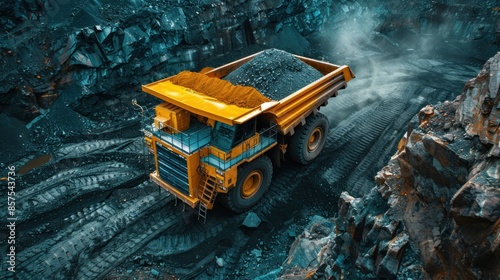 Yellow Mining Dump Truck in a Quarry photo