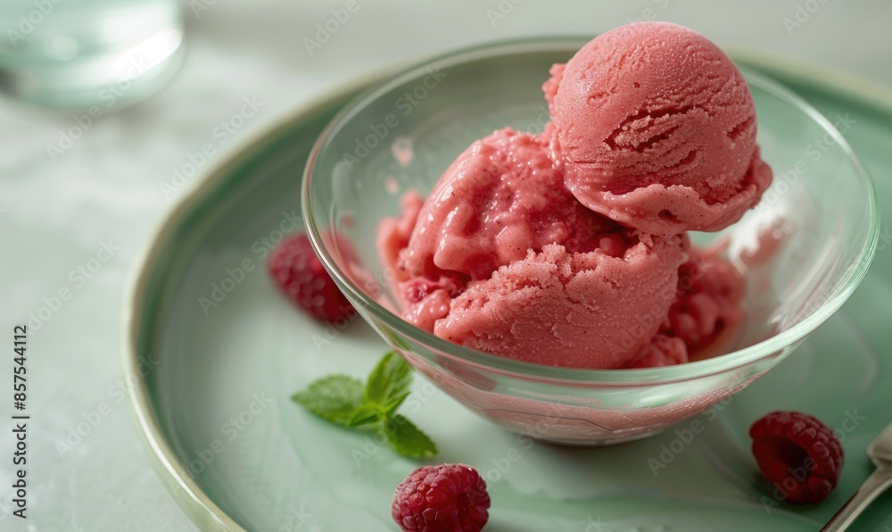Rose and raspberry sorbet in a glass bowl on a pastel green plate Rose and raspberry sorbet in a glass bowl on a pastel green plate