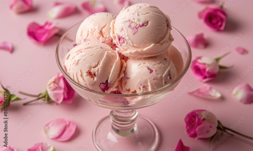 Rose ice cream in a glass bowl on a light pink background Rose ice cream in a glass bowl on a light pink background