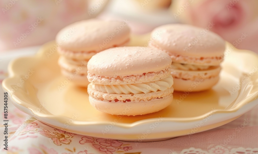 Rose-flavored macarons on a pastel yellow plate Rose-flavored macarons on a pastel yellow plate