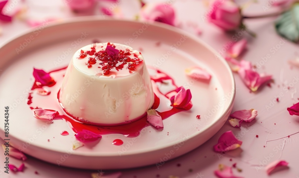 Rose-flavored panna cotta with rose syrup on a pastel pink plate Rose-flavored panna cotta with rose syrup on a pastel pink plate