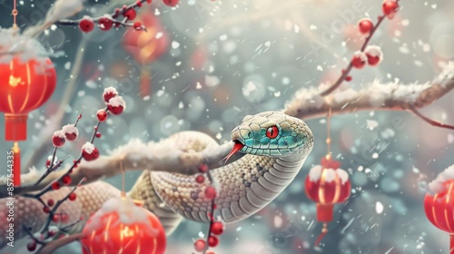 Snowy Snake on Branch with Red Lanterns, Generative AI photo