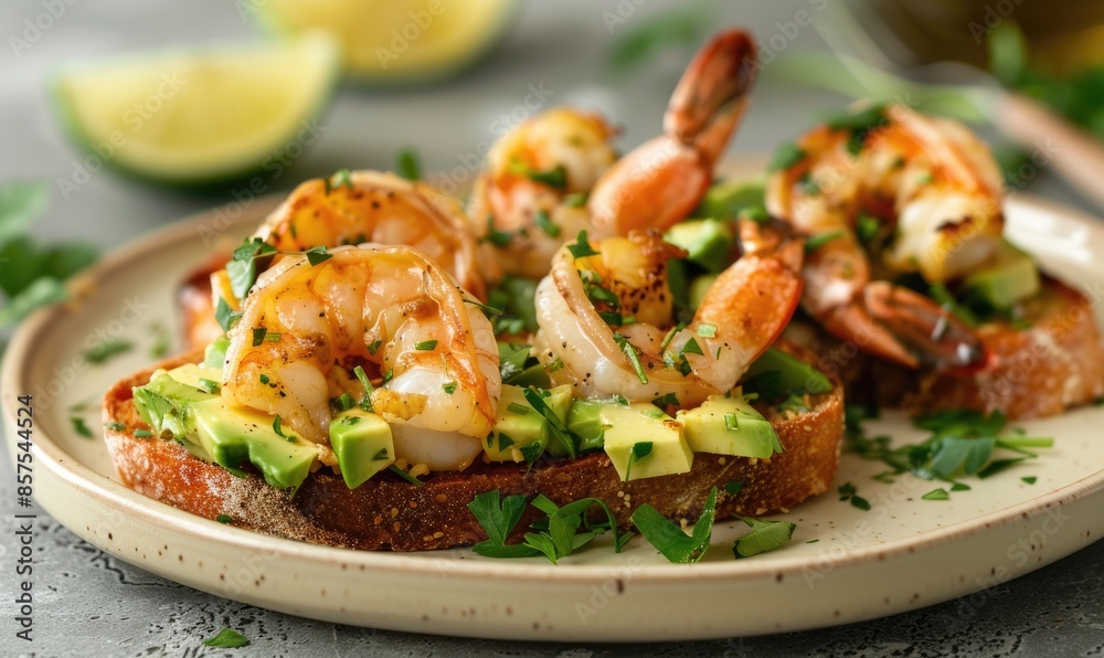 Shrimp and avocado toast with herbs on a pastel yellow plate Shrimp and avocado toast with herbs on a pastel yellow plate