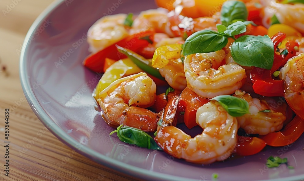 Shrimp and bell pepper stir-fry on a pastel purple plate Shrimp and bell pepper stir-fry on a pastel purple plate