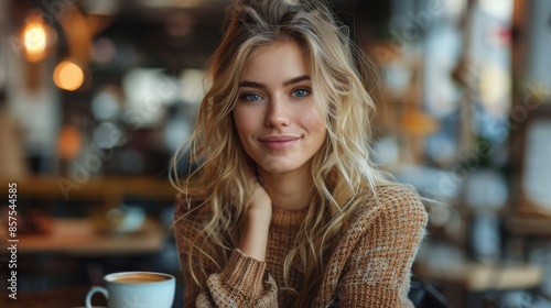 A young woman with a warm smile sits in a cozy cafe, with a cup of coffee in front of her, creating a welcoming and relaxed atmosphere in modern surroundings. photo