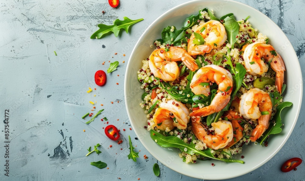 Shrimp and quinoa salad with citrus dressing on a light blue background Shrimp and quinoa salad with citrus dressing on a light blue background