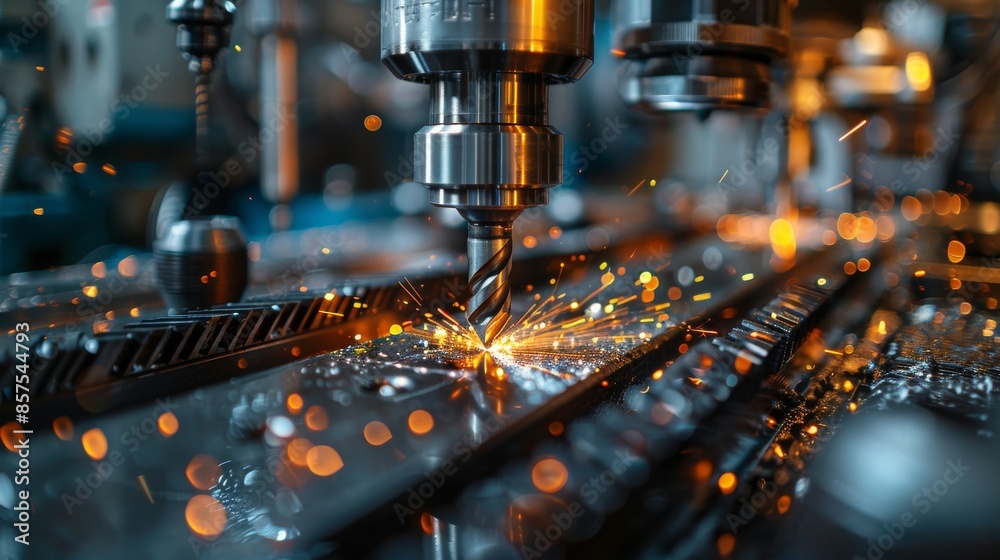 A focused shot of a precision drill machining a metal piece in an industrial setting with bright flying sparks and cooling fluid, representing cutting-edge manufacturing techniques. A focused shot of a precision drill machining a metal piece in an industrial setting with bright flying sparks and cooling fluid, representing cutting-edge manufacturing techniques.