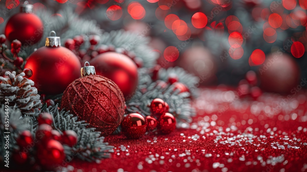 Festive Christmas baubles and pine branches on a red glittery background, creating a joyful and warm holiday atmosphere with a touch of snowflakes and bokeh lights. Festive Christmas baubles and pine branches on a red glittery background, creating a joyful and warm holiday atmosphere with a touch of snowflakes and bokeh lights.