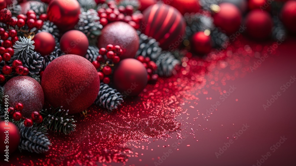 Red Christmas baubles accompanied by pinecones and pine needles, arranged beautifully on a red surface sprinkled with glitter, evoking festive and cozy holiday sentiments. Red Christmas baubles accompanied by pinecones and pine needles, arranged beautifully on a red surface sprinkled with glitter, evoking festive and cozy holiday sentiments.