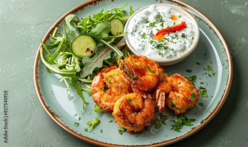 Shrimp and zucchini fritters with yogurt dip on a pastel green plate