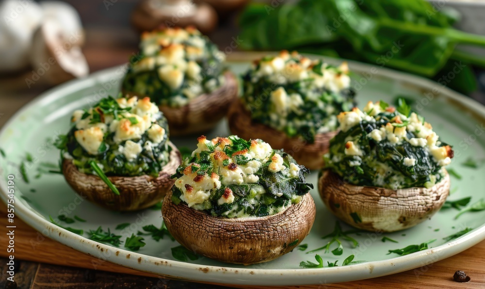 Spinach and feta stuffed mushrooms on a pastel green plate