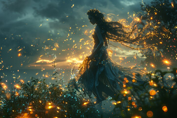 An ethereal fairy dancing in a moonlit glade, surrounded by glowing fireflies. Concept of fantasy and enchantment. Generative Ai.