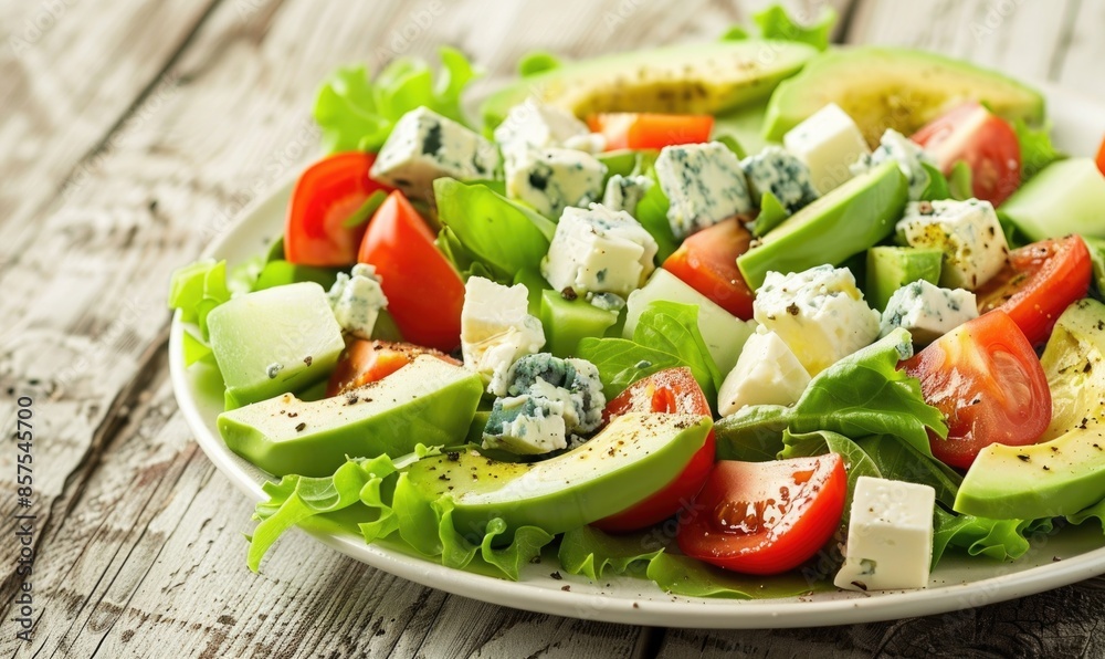 Avocado and blue cheese salad on a light wooden background Avocado and blue cheese salad on a light wooden background