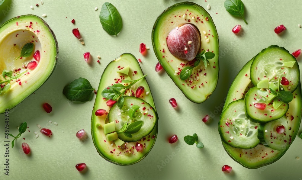 Avocado and cucumber salad boats on a light green background Avocado and cucumber salad boats on a light green background