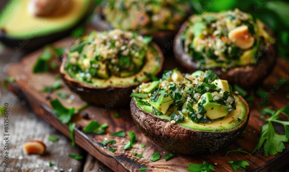 Avocado and herb stuffed mushrooms on a light wooden background Avocado and herb stuffed mushrooms on a light wooden background