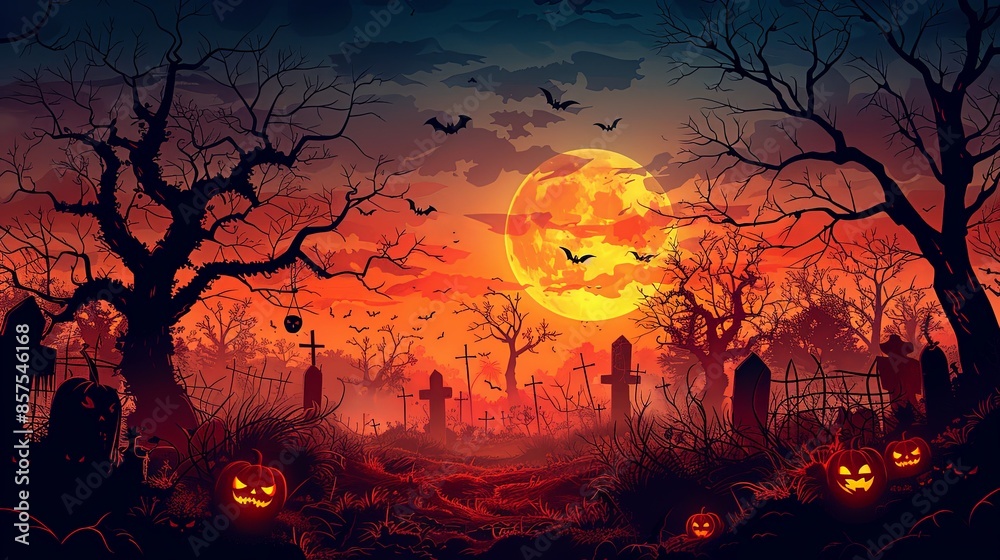 A creepy graveyard filled with jack-o'-lanterns and gravestones under a glowing full moon and flying bats in a dusk setting, creating a spooky Halloween atmosphere. A creepy graveyard filled with jack-o'-lanterns and gravestones under a glowing full moon and flying bats in a dusk setting, creating a spooky Halloween atmosphere.