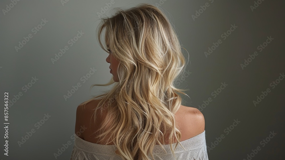 A woman wearing her hair in loose waves with blonde highlights, photographed from behind wearing an off-shoulder top, emphasizing the flowing texture and casual elegance. A woman wearing her hair in loose waves with blonde highlights, photographed from behind wearing an off-shoulder top, emphasizing the flowing texture and casual elegance.