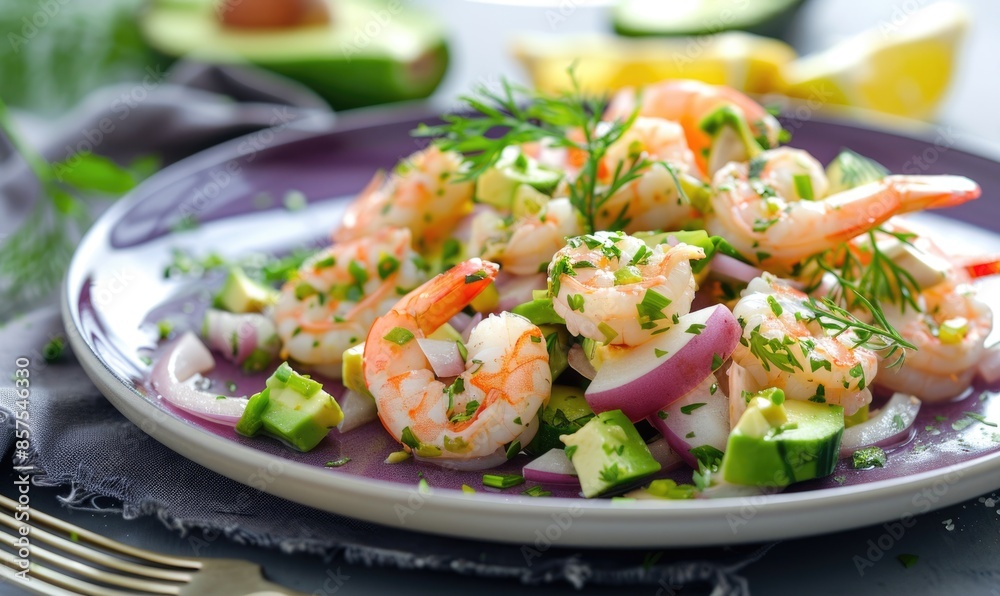 Avocado and shrimp ceviche on a pastel purple plate Avocado and shrimp ceviche on a pastel purple plate