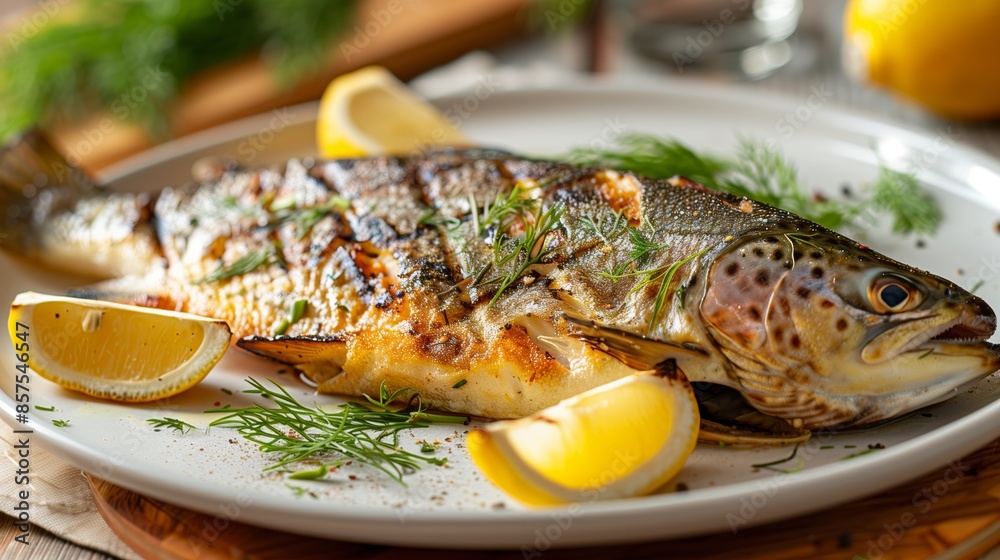 Close-Up of Whole Grilled Trout with Dill and Lemon Wedges Close-Up of Whole Grilled Trout with Dill and Lemon Wedges
