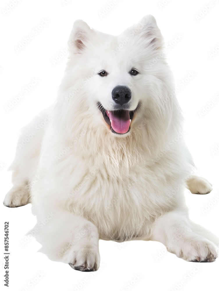 Full body shot of Samoyed dog, lying down, smiling. Full body shot of Samoyed dog, lying down, smiling.