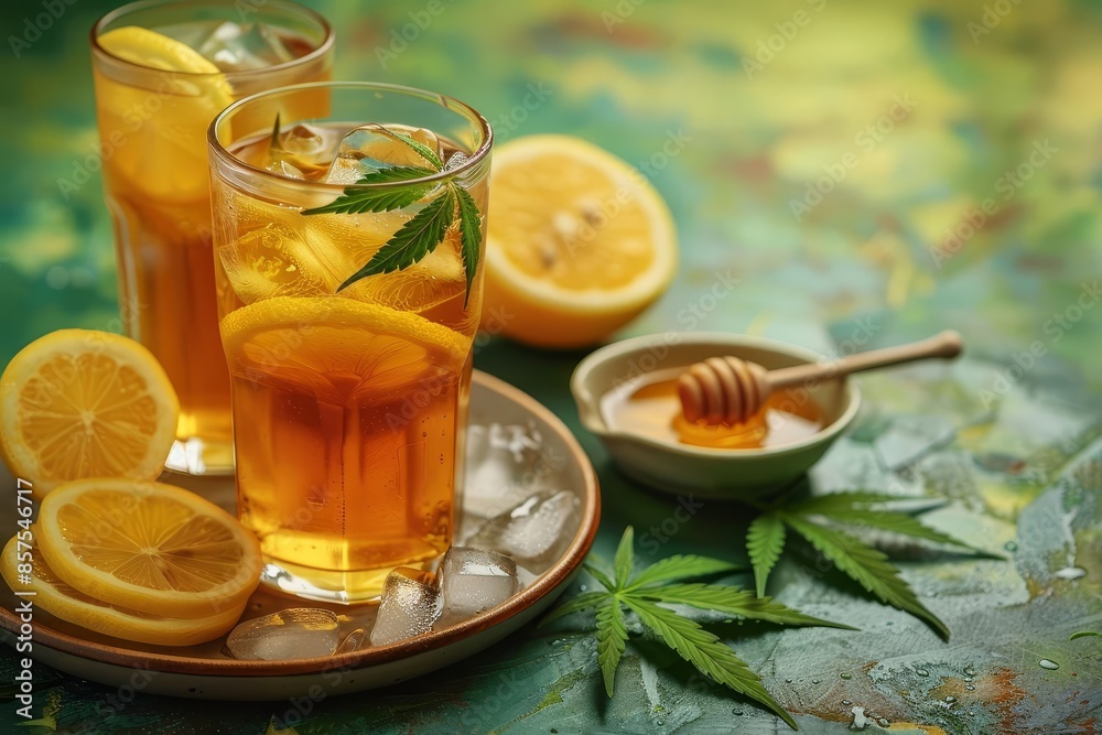 Artistic composition of cannabis iced tea with a side of lemon slices and a small bowl of honey, set against a vibrant green background Cannabis Iced Tea, colorful refreshment Artistic composition of cannabis iced tea with a side of lemon slices and a small bowl of honey, set against a vibrant green background Cannabis Iced Tea, colorful refreshment