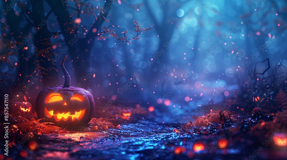 An enchanting scene of Jack-o'-lanterns glowing, lining a misty forest path under a mystical night sky, evoking feelings of wonder, mystery, and Halloween enchantment. An enchanting scene of Jack-o'-lanterns glowing, lining a misty forest path under a mystical night sky, evoking feelings of wonder, mystery, and Halloween enchantment.