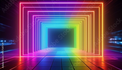 3d render vibrant rainbow colors laser show glowing spectrum rectangle blank frame neon ligh