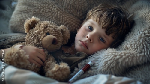 A child with a cold, lying in bed with a thermometer and a teddy bear