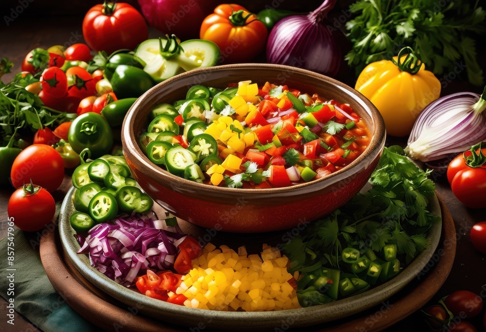 vibrant freshly made salsa ceramic bowl top view, condiment, dip, vegetarian, healthy, tasty, colorful, chopped, ingredients, organic, cuisine, mexican vibrant freshly made salsa ceramic bowl top view, condiment, dip, vegetarian, healthy, tasty, colorful, chopped, ingredients, organic, cuisine, mexican