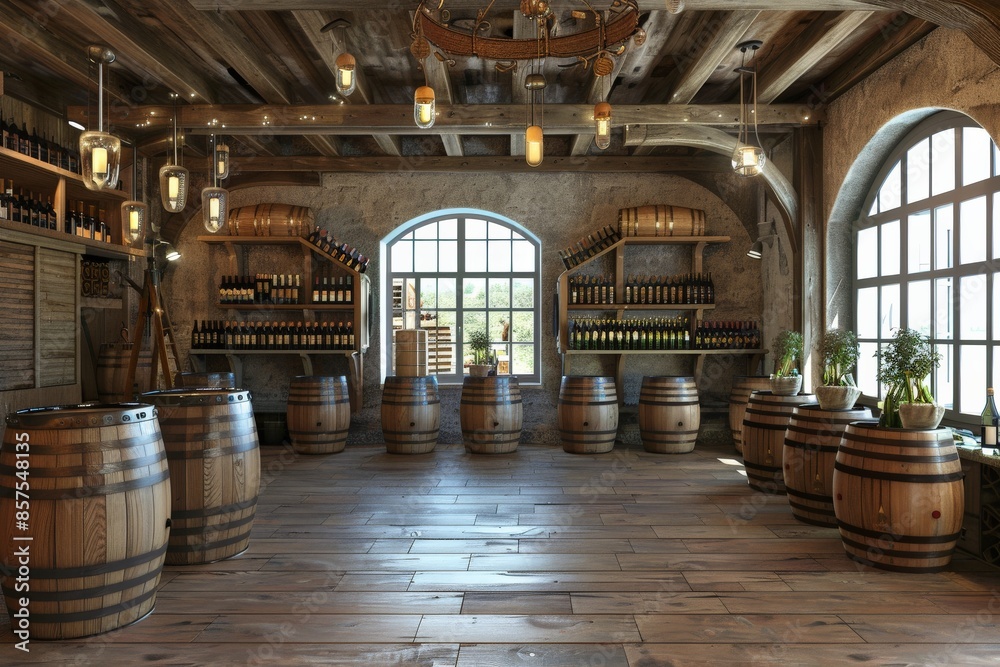 Winery with Wine Barrels in a Traditional Wine Cellar Setting Winery with Wine Barrels in a Traditional Wine Cellar Setting