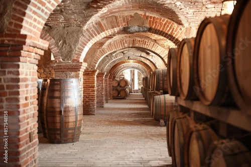 Winery with Wine Barrels in a Traditional Wine Cellar Setting