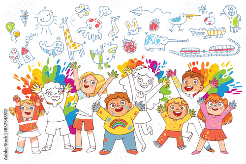 Happy creative kids got dirty with paint when sketching with crayon, pencil and paints. Colorful blots in background. Cute boys and girls characters sketching doodles with chalk. Vector illustration