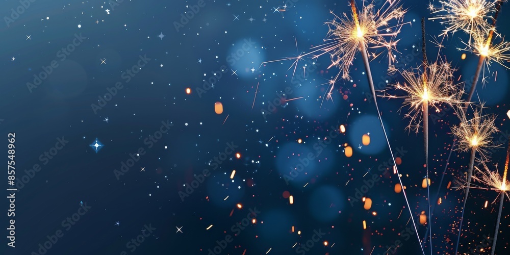 Obraz premium Vibrant sparklers against a blue background create a festive atmosphere, bringing cheer and excitement to the celebration with their dazzling display of light, making the event lively and joyful