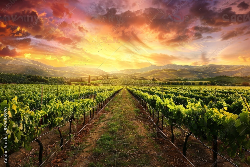Scenic Vineyard Landscape with Rows of Lush Grapevines Scenic Vineyard Landscape with Rows of Lush Grapevines
