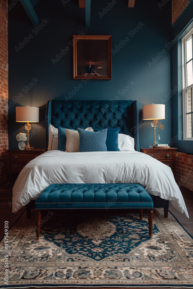Fototapeta premium interior of a hotel room with blue wall and king bed