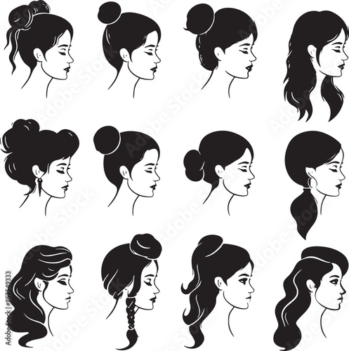 Woman heads in profile Beautiful female faces profiles black silhouette outline vector set