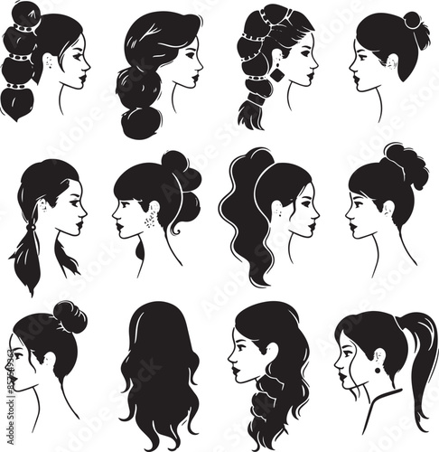Woman heads in profile Beautiful female faces profiles black silhouette outline vector set