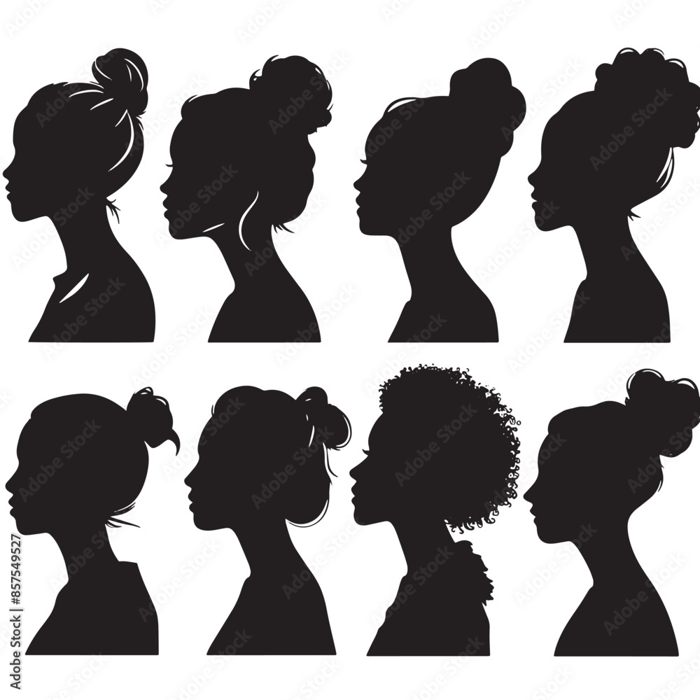 Woman heads in profile Beautiful female faces profiles black silhouette outline vector set Woman heads in profile Beautiful female faces profiles black silhouette outline vector set
